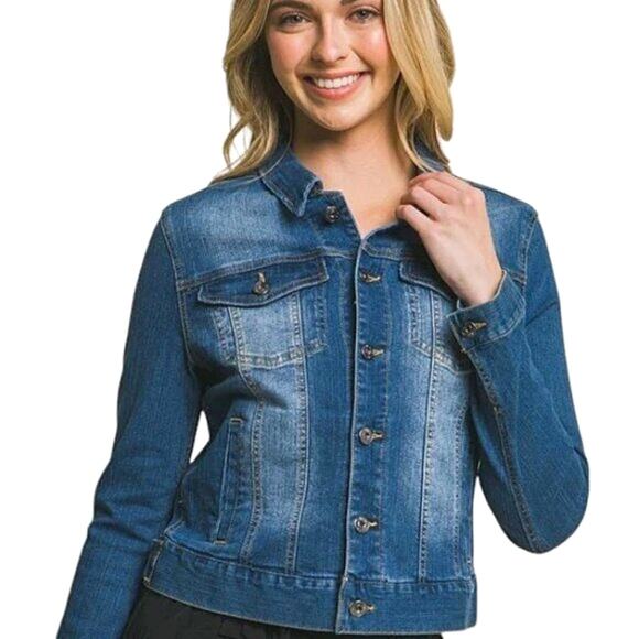 Cropped Blue Denim Jacket Rose Gold Buttons S - Picture 6 of 8